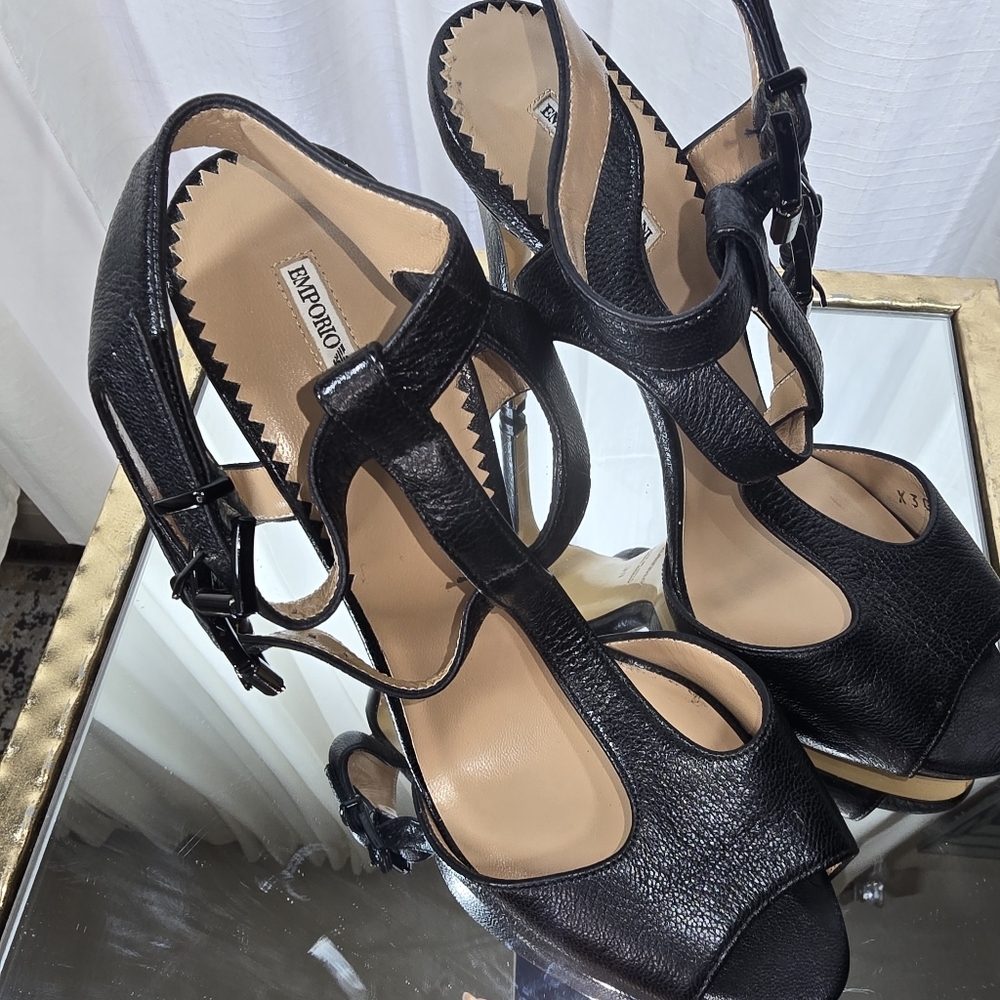 Emporio Armani Black Leather Strappy Heels - Picture 4 of 16